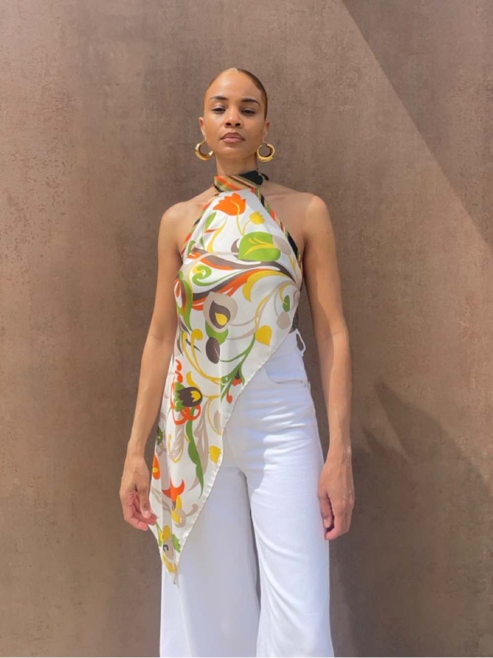Floral Asymmetrical Halter Scarf Top in White & Green